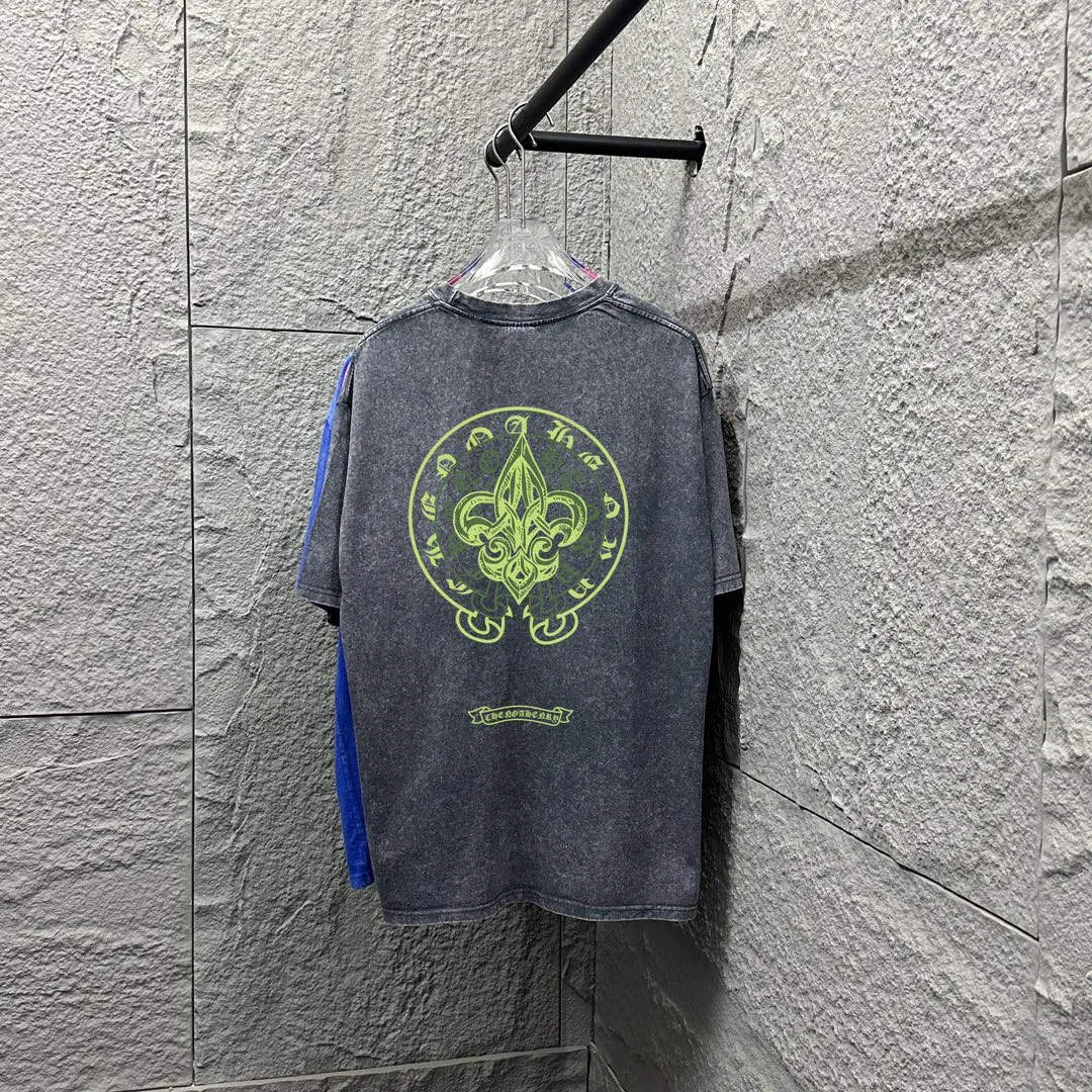 🅿️180 CH* Crow Heart* 2025 spring and summer new style Snowflake distressed washed retro round neck short sleeves Chest and front logo Horseshoe print on front and back Customized fabric Short-sleeved T-shirt Unisex Size: S M L XL XXL Color: Snowflake Black Snowflake Gray Snowflake Pink Snowflake Blue